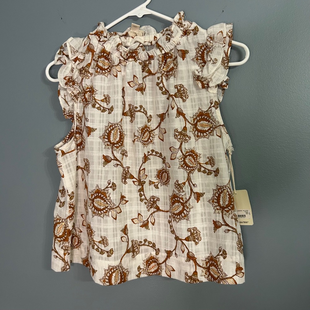 a.n.a Women XS cream‎ Rust Floral Paisley Ruffle Neck Sleeveless Blouse NWT top